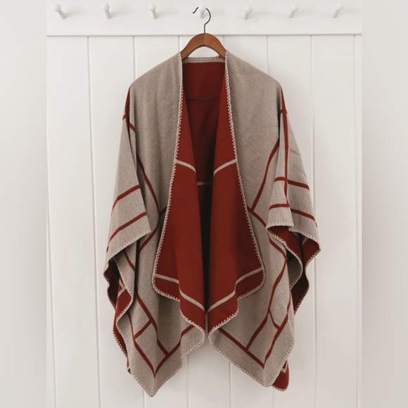 Reversible Blanket Shawl Cape Burnt Red Orange Beige Tan Linear Geometric Warm - Picture 6 of 10